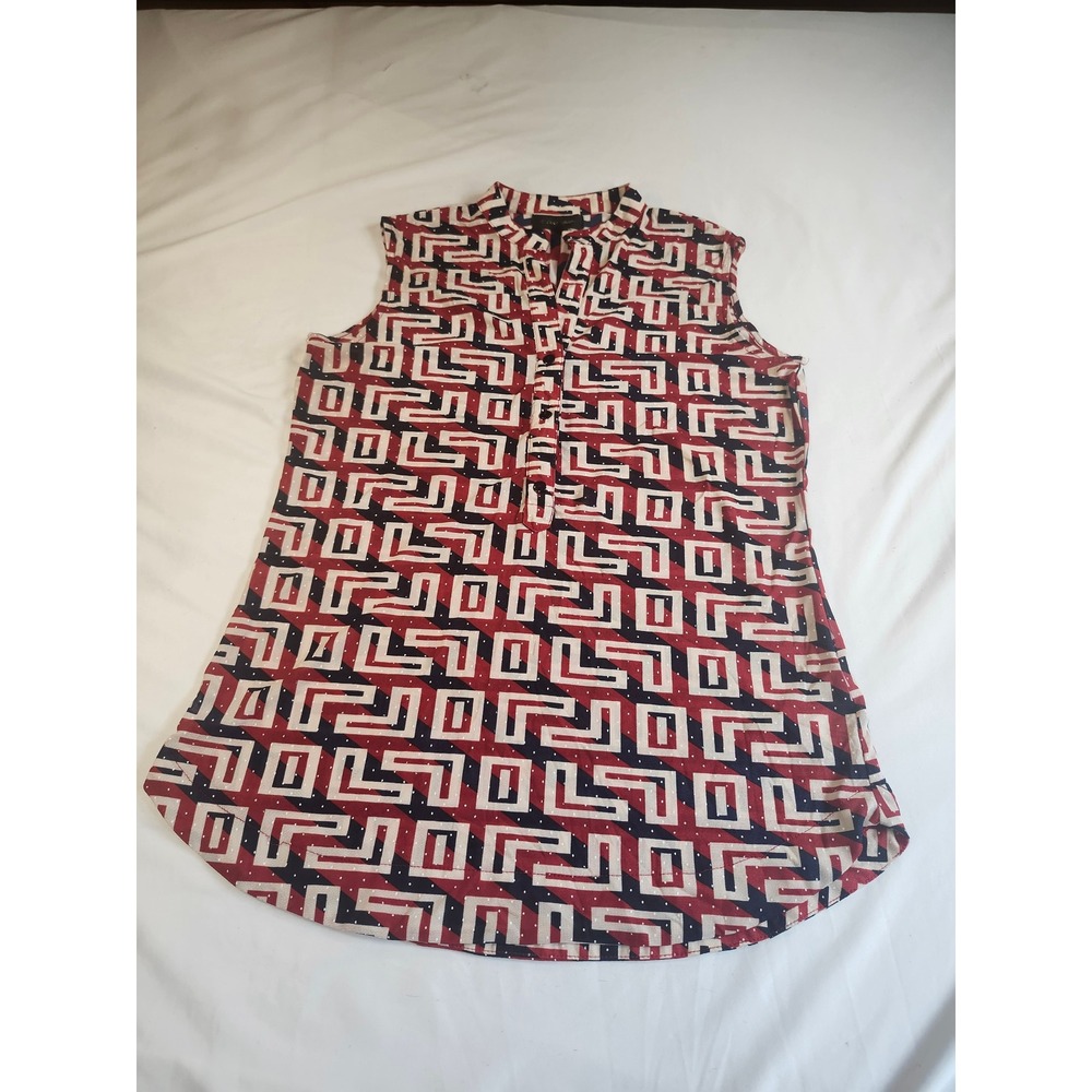G Collection Womens Red Navy Geometric Greek Key Sleeveless Button Blouse Large